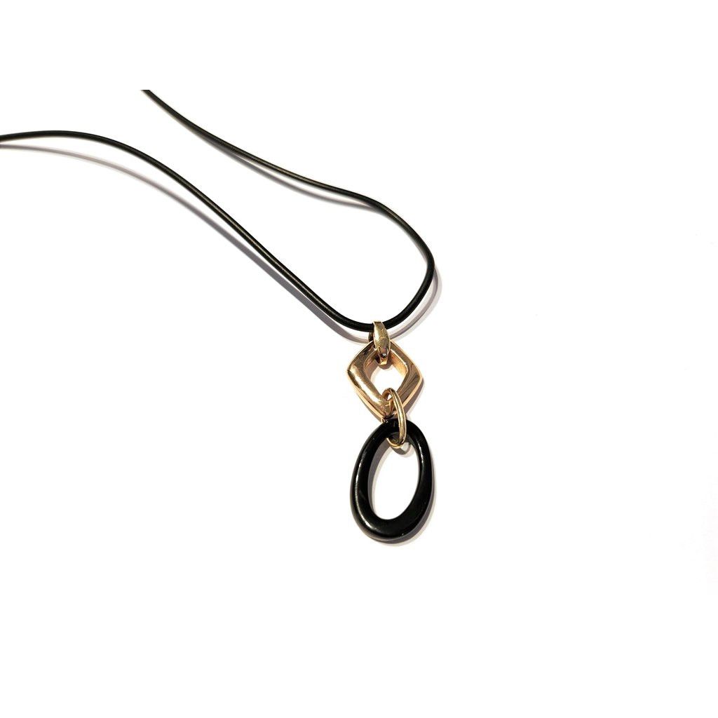 Collana 70cm in Caucciù con ciondolo geometrico Oro Giallo e Onice