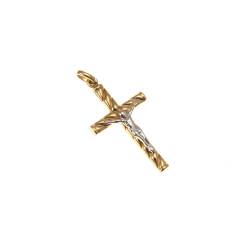 Croce Rigata in Obliquo in Oro Giallo con Cristo in Bianco