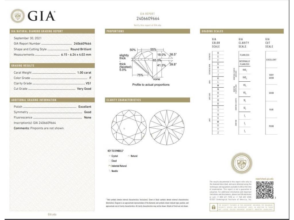 Diamante Certificato GIA 1.00 F  VS1