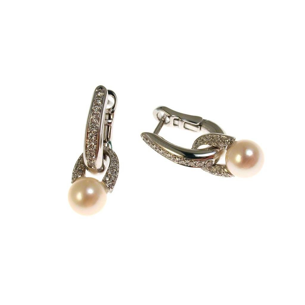 Boccole Ovali con Ciondolo Perla e Diamanti Oro Bianco