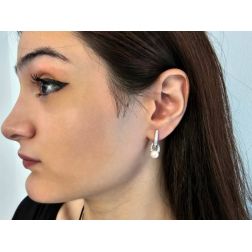 Photo of worn Oval Earrings with Pearl Pendant and White Gold Diamonds