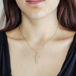 Croce Zigrinata e Lucida in Oro Giallo con Cristo in Bianco foto indossata