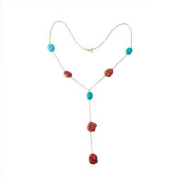 Y Necklace in Yellow Gold and Red Coral and Turquoise