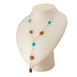 Y Necklace in Yellow Gold and Red Coral and Turquoise