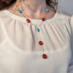 photo of worn Y Necklace in Yellow Gold and Red Coral and Turquoise