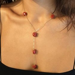 photo of worn Y Necklace in Yellow Gold and Red Coral