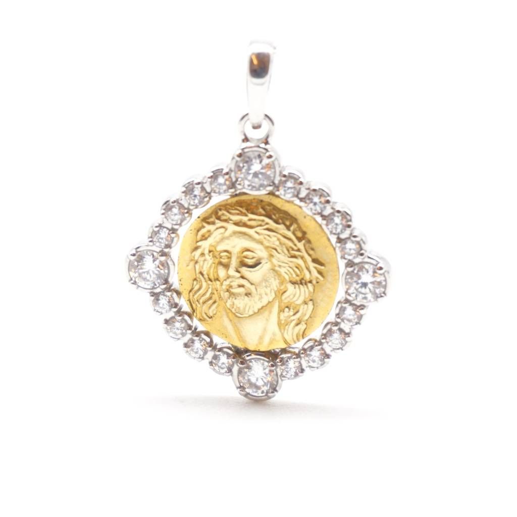 Two-tone Face of Jesus medal with zircons