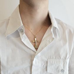 Photo of worn Yellow Gold Rounded Cross Pendant with Christ in White Gold Size L