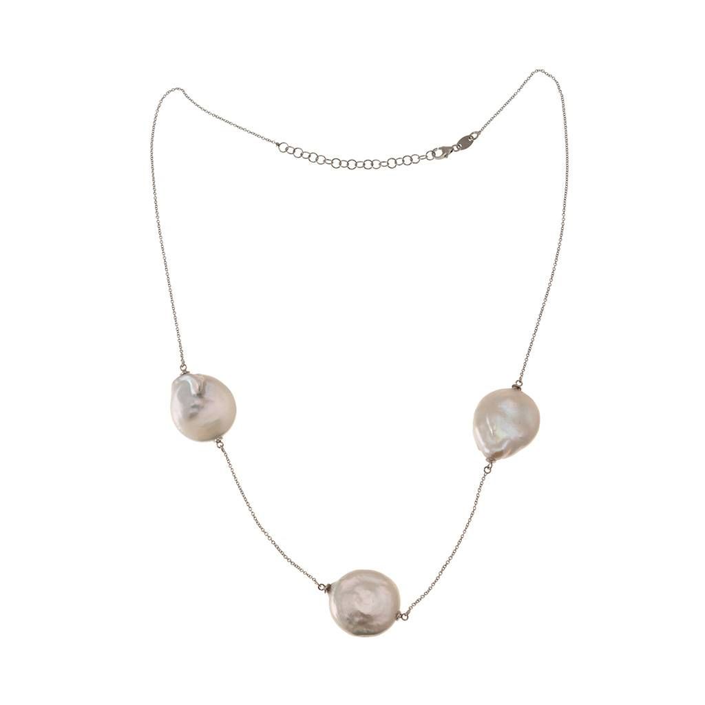 Collana 3 Perle Barocche piatte in Oro Bianco 18kt