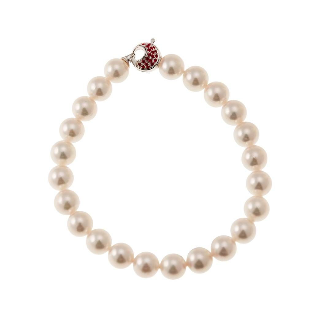 Akoya pearl bracelet with Diamonds and Rubies on 18kt White Gold clasp