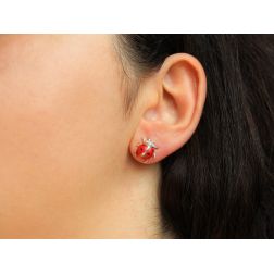 Photo of worn Ladybug Earrings with diamonds