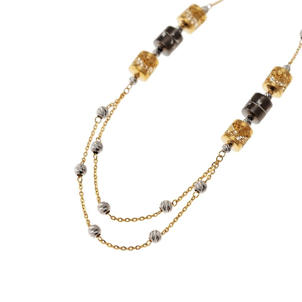 Collana 60cm con Ciondoli ricamati e Sfere Diamantate in Oro Giallo e Bianco