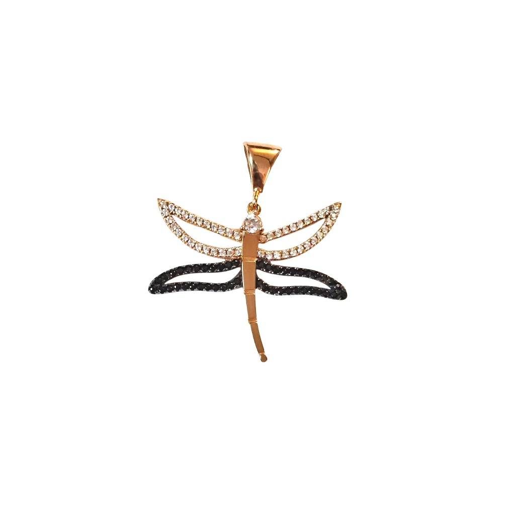 Ciondolo Libellula con Zirconi Bianchi e Neri in Oro Rosa