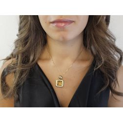 Ciondolo Donna Con Citrino E Topazio Bianco – Quadrato Giallo, Pendente In Rame Placcato Platino
