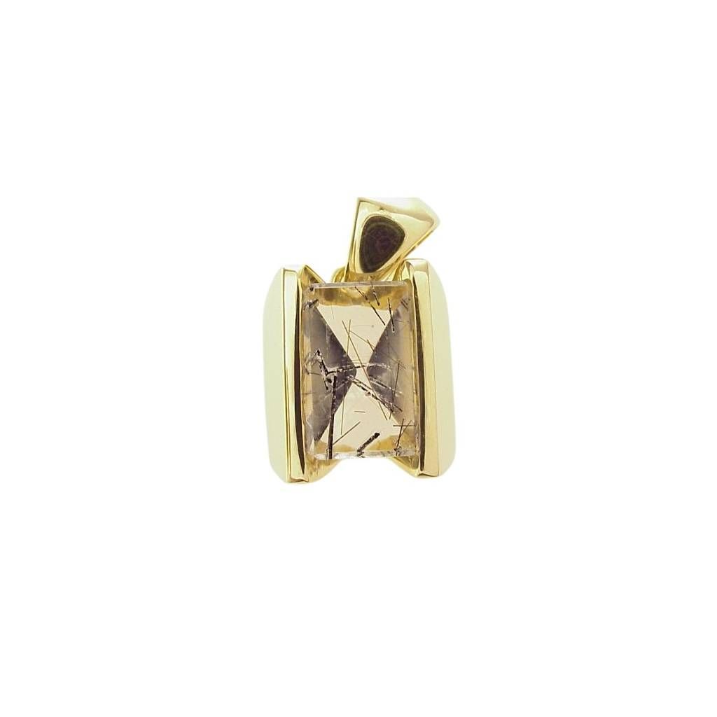 Ciondolo Trapezio in Oro Giallo con Quarzo Rutilato Rettangolare