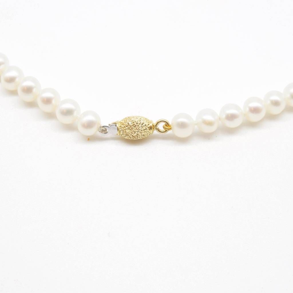 Yellow Gold 5mm Diamond Barrel Pearl Necklace