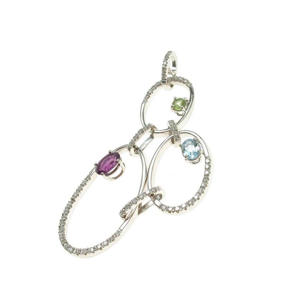 Ciondolo Design a cerchi con Diamanti e Pietre Colorate in Oro Bianco