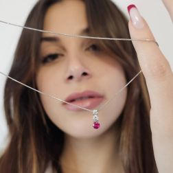 Photo of worn Trilogy scalar necklace with Red Ruby