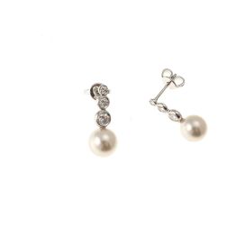 Scaled Circle Pearl and Diamond Earrings in White Gold