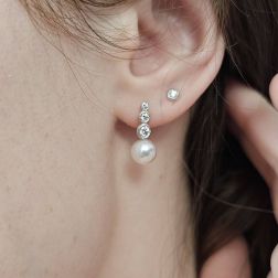Photo of worn Scaled Circle Pearl and Diamond Earrings in White Gold