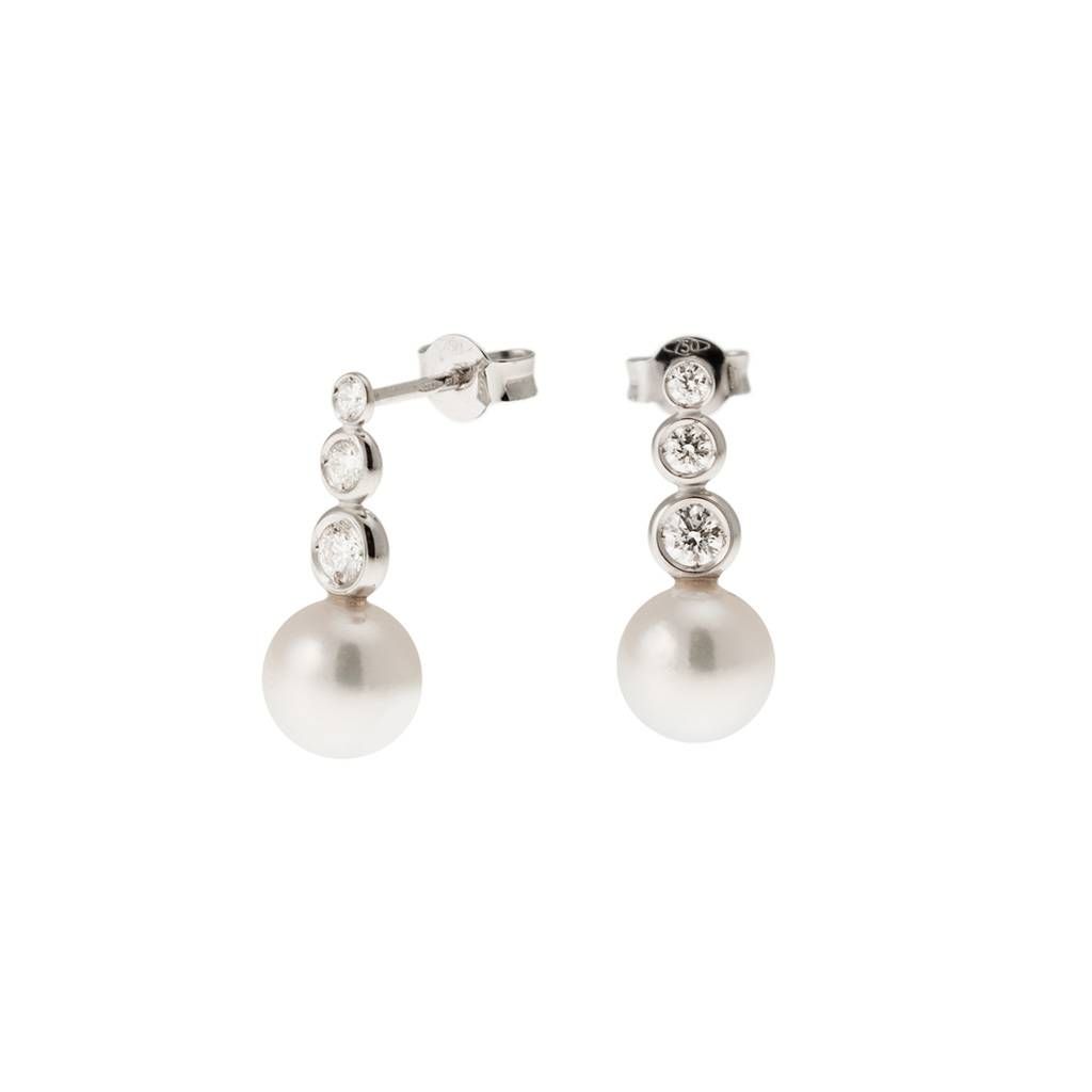 Scaled Circle Pearl and Diamond Earrings in White Gold