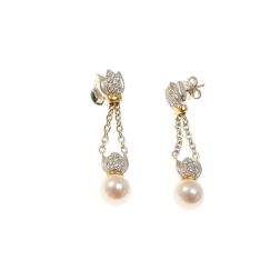 Orecchini a catena con Perle Akoya e Diamanti in Oro Bianco e Giallo