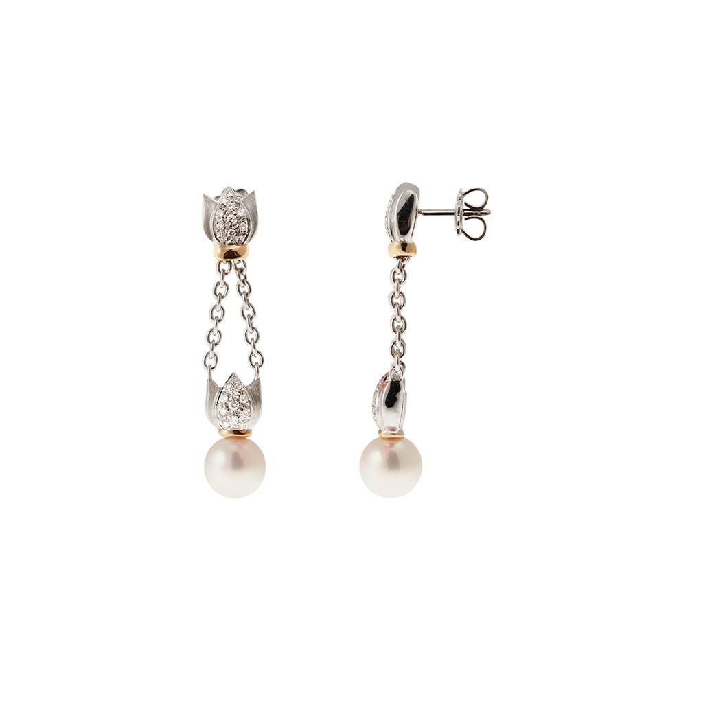 Orecchini a catena con Perle Akoya e Diamanti in Oro Bianco e Giallo