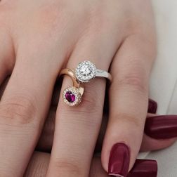Photo of worn Diamond and Ruby Steli Ring in Rose and White Gold
