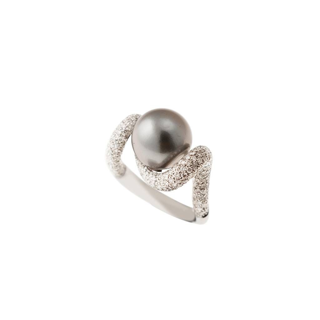 Anello Design Onda con Perla Tahiti e Pavé di Diamanti - Misura 12