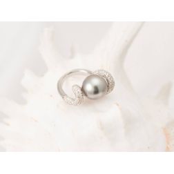 Anello Design Onda con Perla Tahiti e Pavé di Diamanti - Misura 12