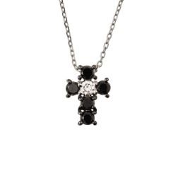 Necklace with Cross of Black Diamonds and 1 White - Width 8.3mm