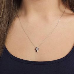 Photo of worn Necklace with Cross of Black Diamonds and 1 White - Width 8.3mm