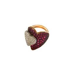 Double Heart ring with Rubies and Diamonds in Rose and White 18kt gold
