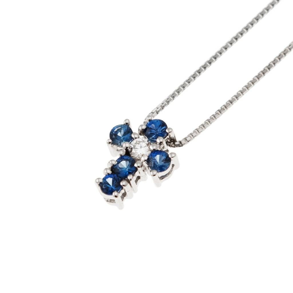 Collana con Croce 5 Zaffiri Blu e Diamante - Larghezza 6.7mm