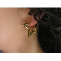 Photo of worn Yellow Gold Star Hoops Earrings