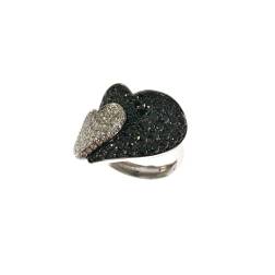 Double Heart ring with Black and White Diamonds in White 18kt gold