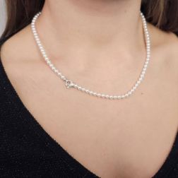 Photo of worn 4mm Akoya Pearl Necklace Lobster Clasp with Diamonds in White Gold