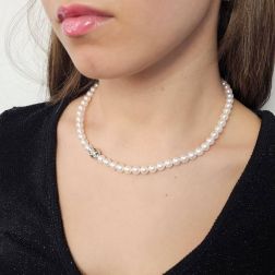 Photo of worn 6.5mm Akoya Pearl Necklace with Sphere Clasp and 18 Diamonds in White Gold