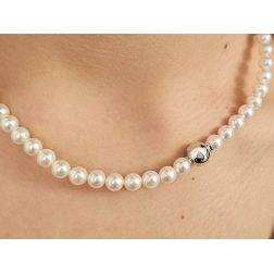 Photo of worn 6.5mm Akoya Pearl Necklace with Sphere Clasp and 18 Diamonds in White Gold