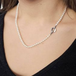 Photo of worn 4mm Akoya Pearl Necklace with Round Clasp in White Gold
