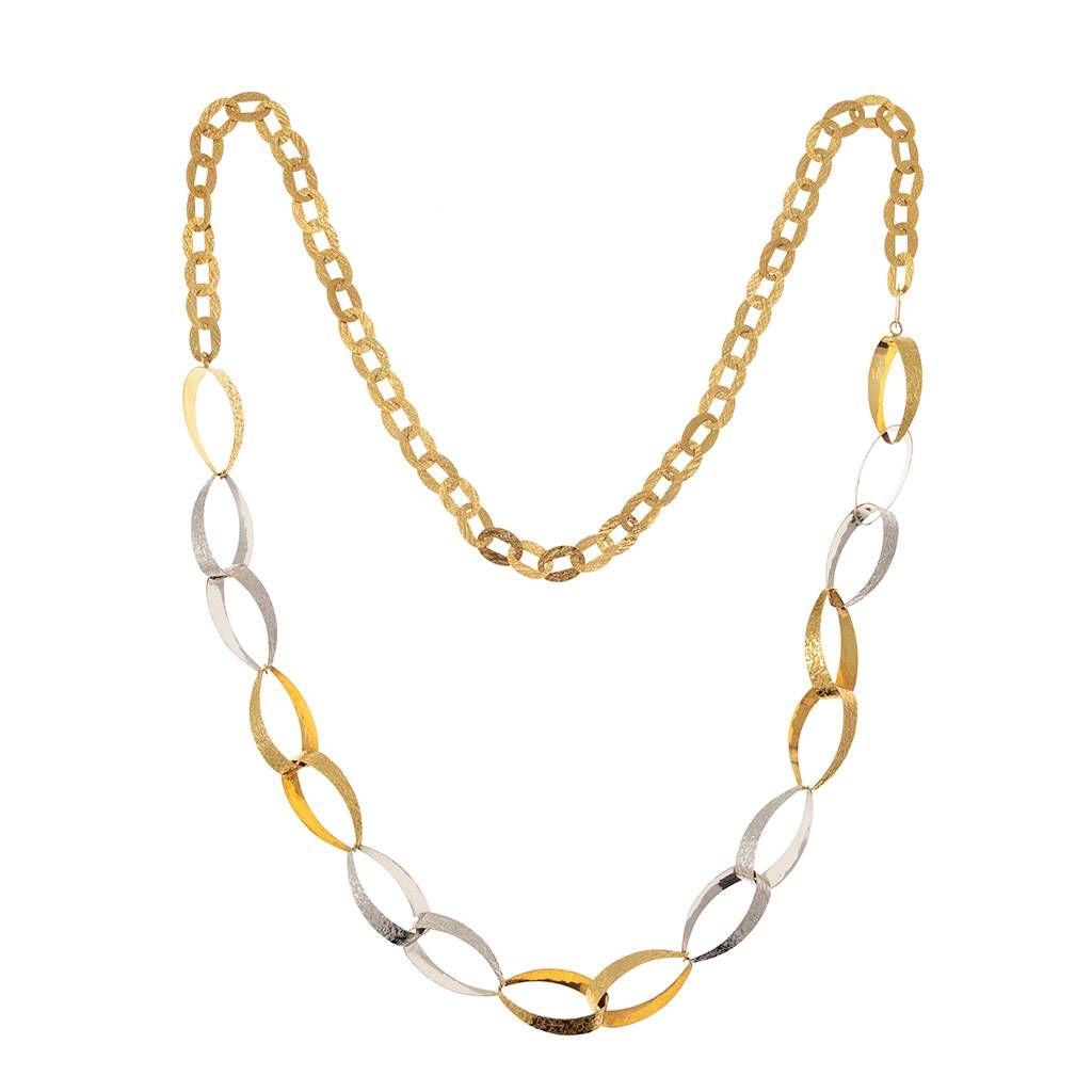 Collana Laccio 82cm Rolò Ovali e Gocce senza chiusura in Oro Bianco e Giallo