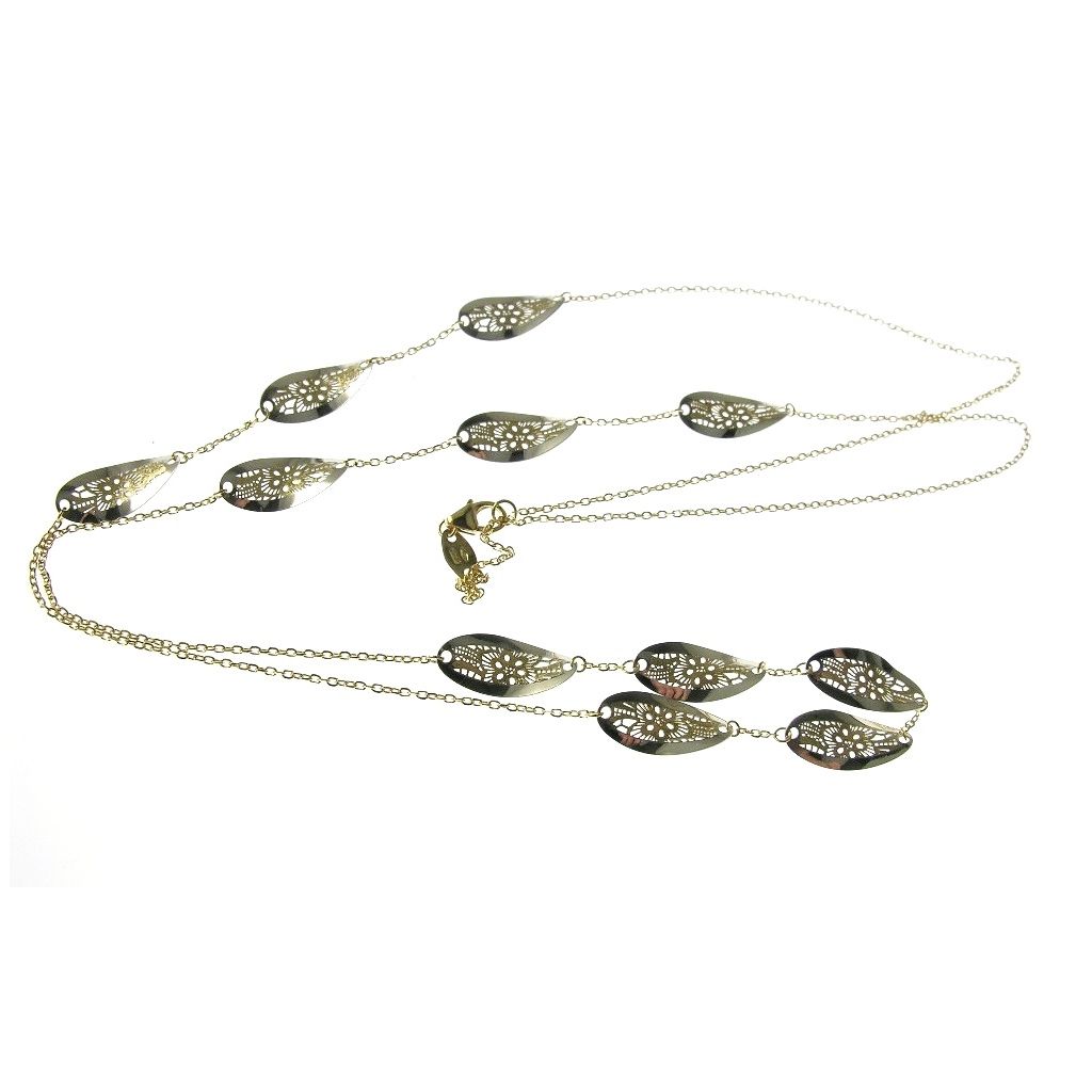 Long Necklace Chain with leaf shapes and flowers 18kt yellow and white gold