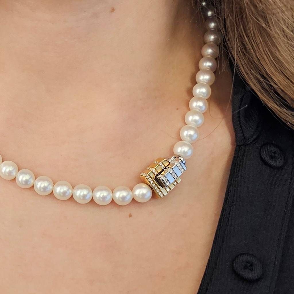 Photo of worn Akoya Pearl Necklace with Interlocking Clasp and Diamond Strips