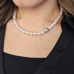 Photo of worn Akoya Pearl Necklace with Sphere Clasp in White Gold and 18 Diamonds