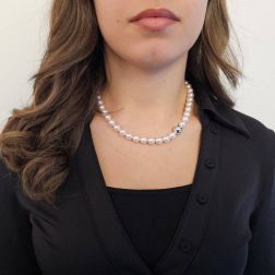 Photo of worn Akoya Pearl Necklace with Sphere Clasp in White Gold and 18 Diamonds