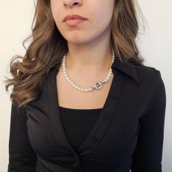 Photo of worn Akoya Pearl Necklace with Ring Closure and White Gold Hooks