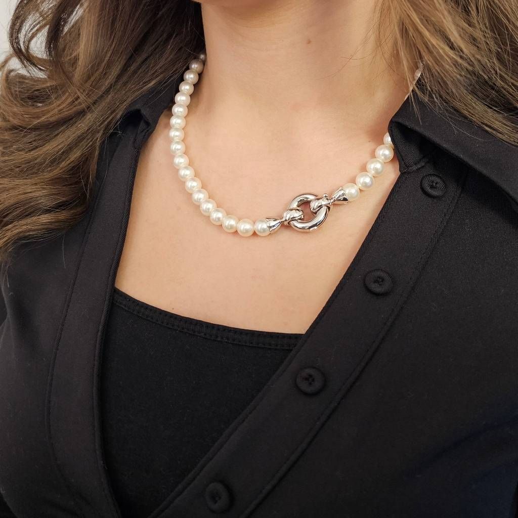 Photo of worn Akoya Pearl Necklace with Ring Closure and White Gold Hooks