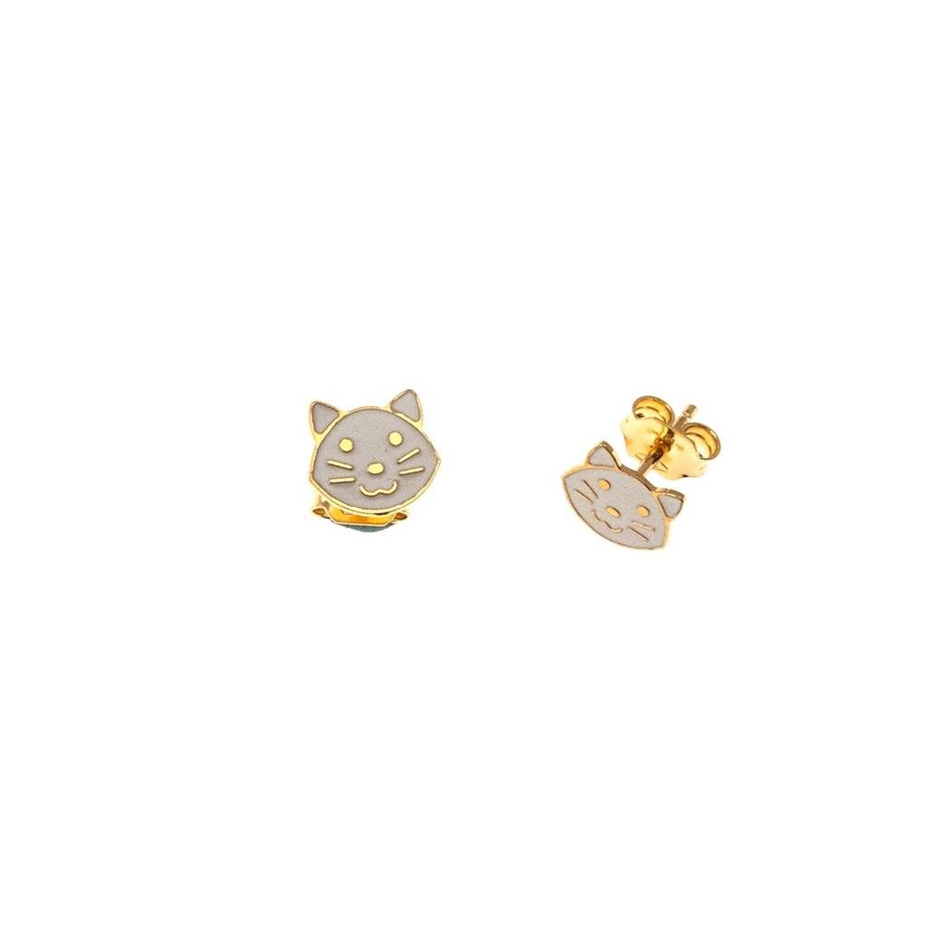 White Enamelled Kitten Earrings in Yellow Gold
