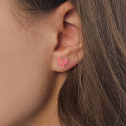 Photo of worn Rose Enamel Butterfly Earrings in Yellow Gold