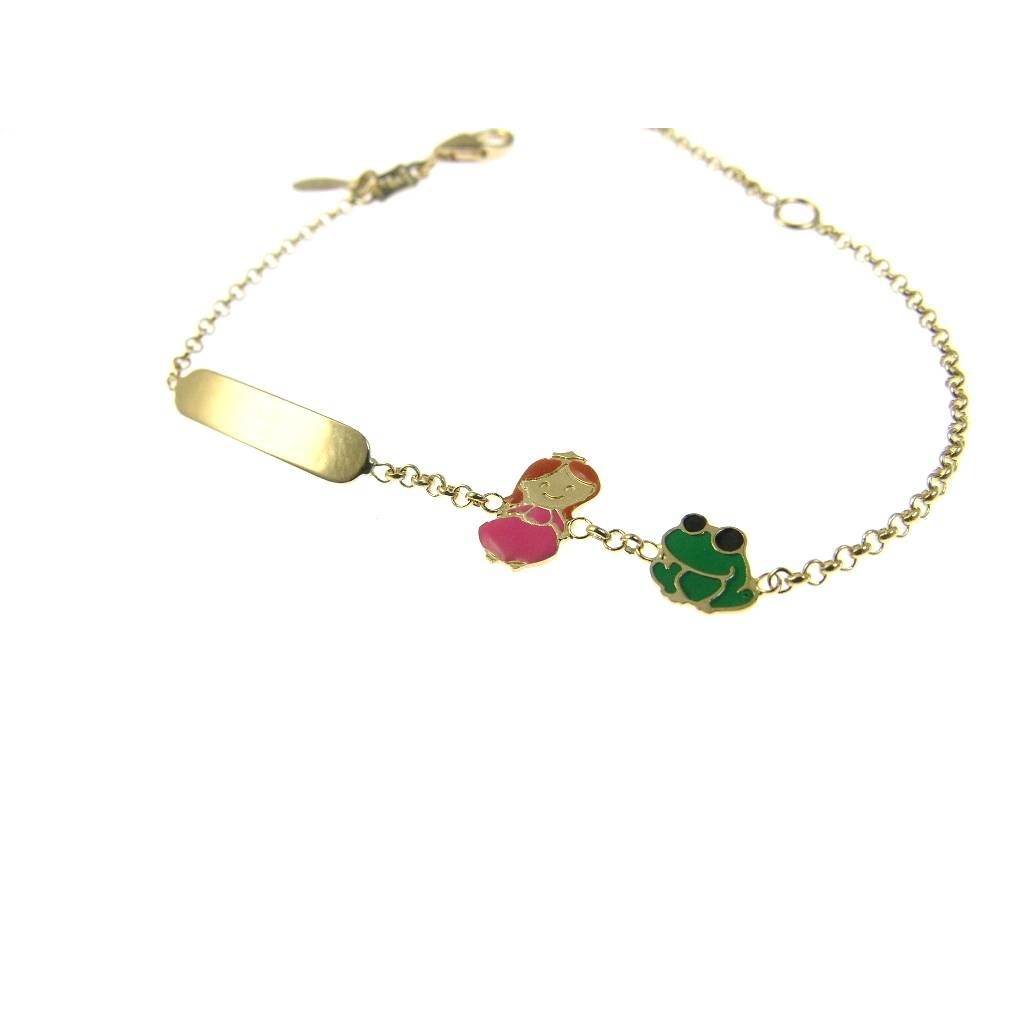 Bracciale Baby con Targa, Principessa e Ranocchio Smaltati in Oro Giallo